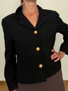 Jones New York 100% Wool Black Petite Suit Jacket Gold Buttons